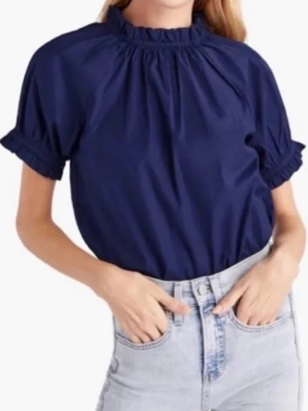 Hill House Kit Top Size S In Navy Blue Stretch Poplin Cotton EUC